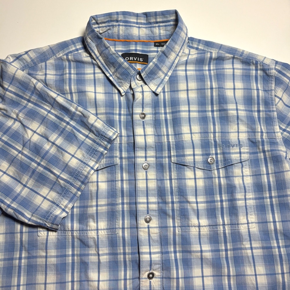 Orvis Active Fit White Blue Plaid Mens XL Tech Hiking Fishing Short Sleeve Shirt - Picture 3 of 8